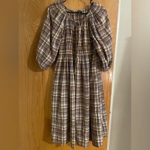 Madewell Plaid Midi Dress in Brown and Cream